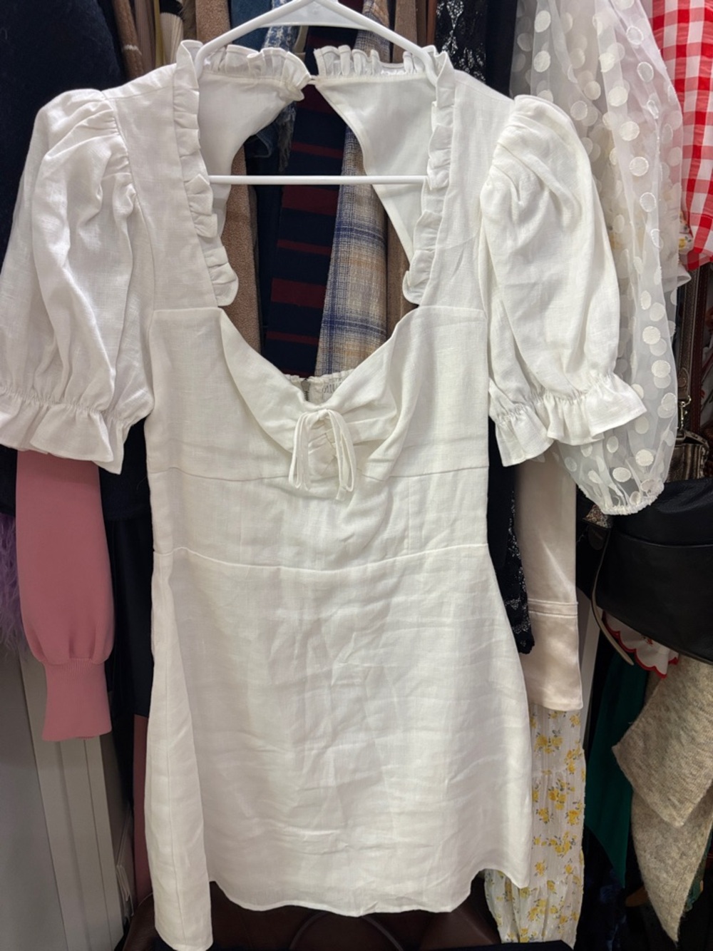 Reformation White Mini Dress with Puff Sleeves